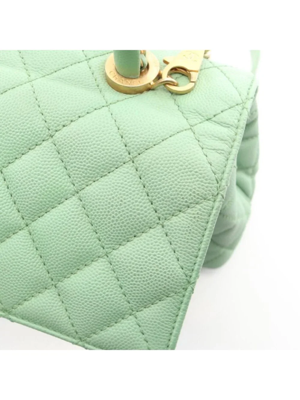 Chanel Handbag Coco Handle Flap Quilted 2-Way Mint Green Caviar Leather Chain